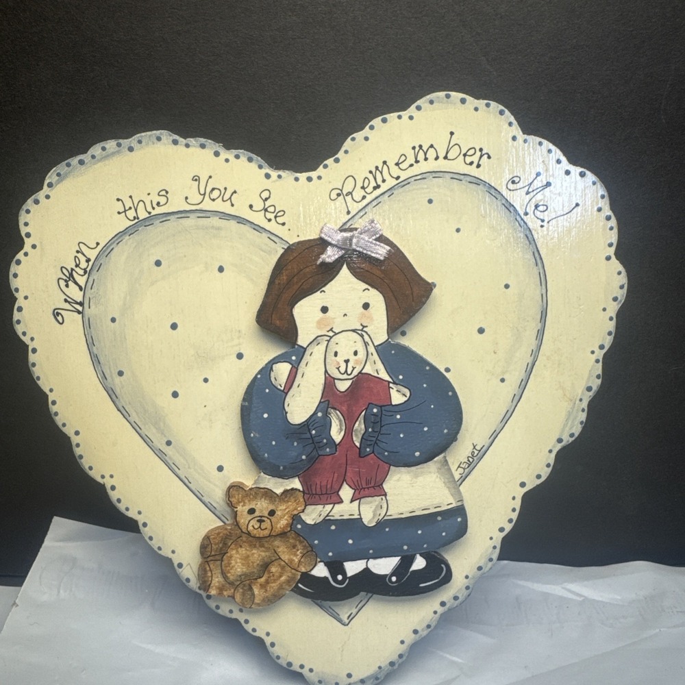 Cute Wooden Handpainted Girl Holding Bunny, Bear, Wall‎ Decor